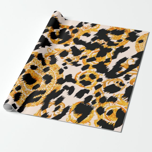Papier Cadeau Texture léopard avec motif baroque or (Déroulé)