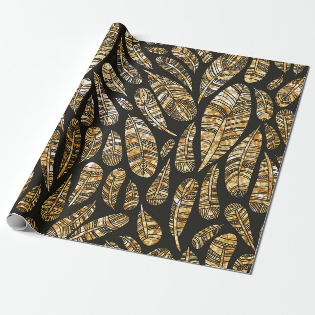 Papier Cadeau Texture transparente motif de plumes dorées (Déroulé)