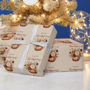 Papier Cadeau Thanksgiving-Watercolor Citrouille et fleurs-