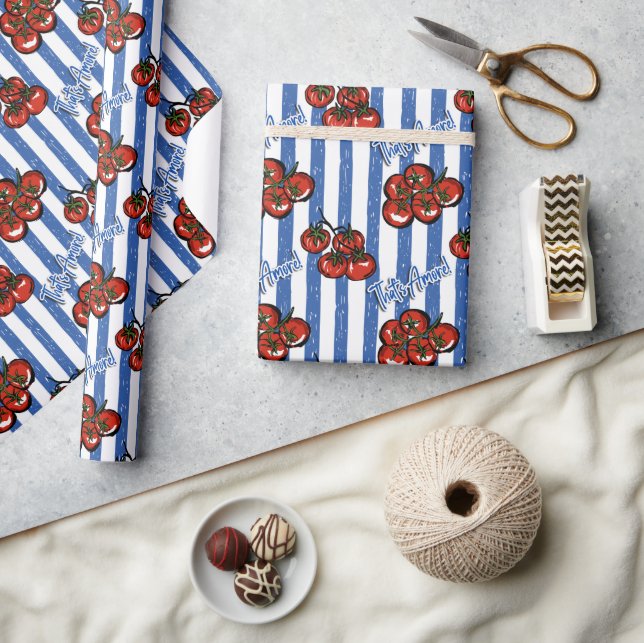 Papier Cadeau That's amore cherry tomatoes blue stripes Italian  (Artisanat)
