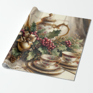 Papier Cadeau Théière de Noël élégante vintage et verdure 