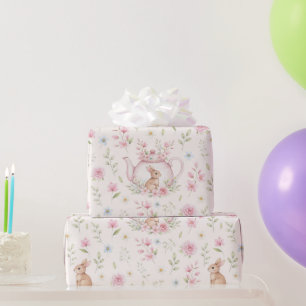 Papier Cadeau Théière Lapin Fantaisiste Floral 
