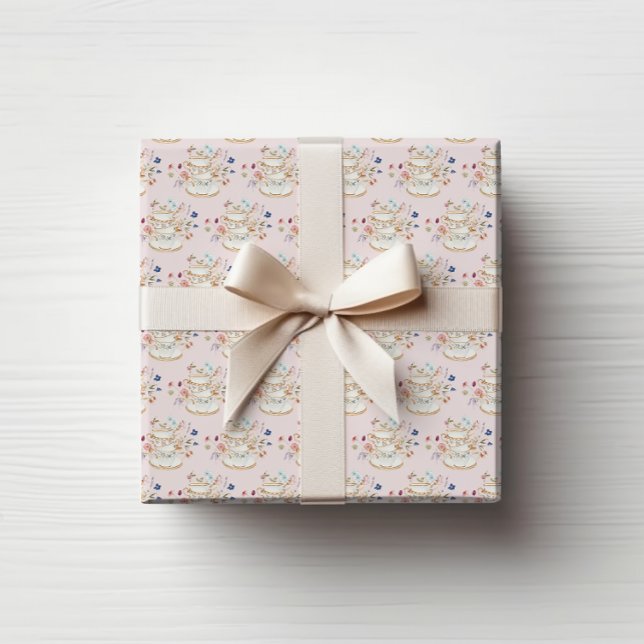 Papier Cadeau Théière Rose (Pink Floral Teacup Bridal Shower Wrapping Paper by Painted Paperie
)