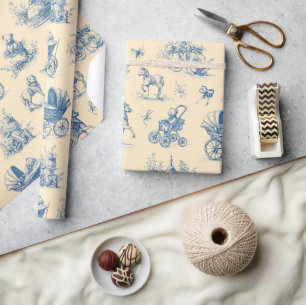 Papier Cadeau Thème bébé toile bleue et jaune vintage