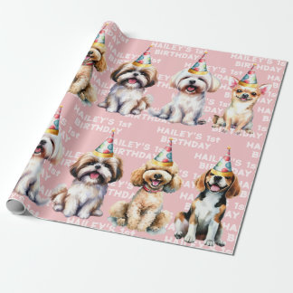 Papier Cadeau Thème de chien Anniversaire fête rose