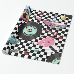 Papier Cadeau Thème de fête d'anniversaire Retro Checker 50's Fi