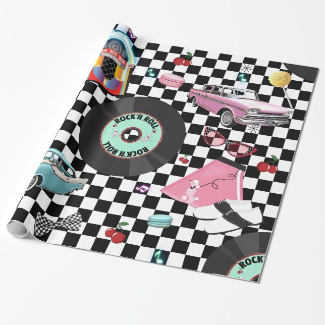 Papier Cadeau Thème de fête d'anniversaire Retro Checker 50's Fi (Déroulé)