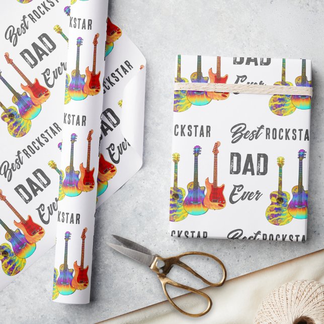 Papier Cadeau Thème de la guitare du jour du père (Best rockstar dad ever wrapping paper with psychedelic funky guitar pattern perfect for Father’s Day)