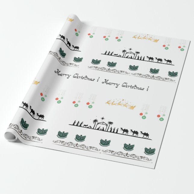 Papier Cadeau Thème de la Nativité, rouge, or, vert baroque (Déroulé)