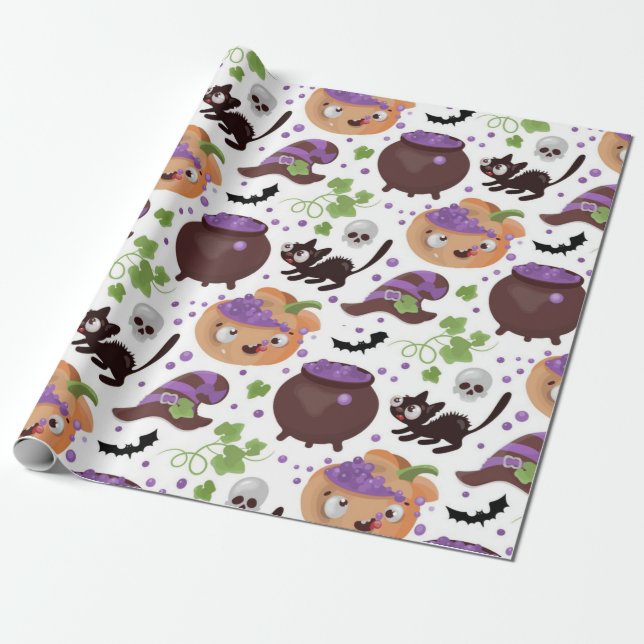 Papier Cadeau Thème de sorcières mignonnes pour Halloween (Déroulé)