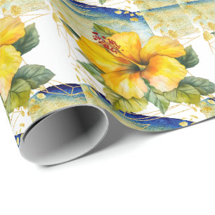 Papier Cadeau Thème Fleur d'Hibiscus d'Hawaï Jaune et Or