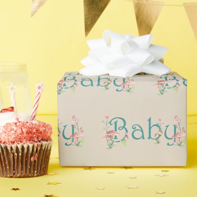 Papier Cadeau Thème Forêt Enchantée avec Champignons Baby Shower (Fête d'anniversaire)