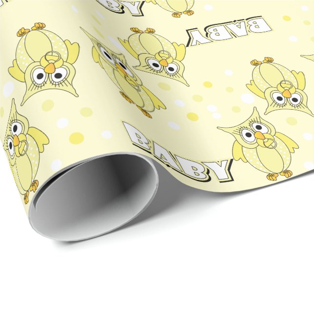 Papier Cadeau Thème jaune de baby shower de hibou de point de (Coin rond)