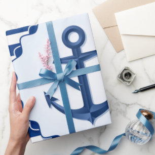 Papier Cadeau Thème marin Bleu et Blancs avec Ancre