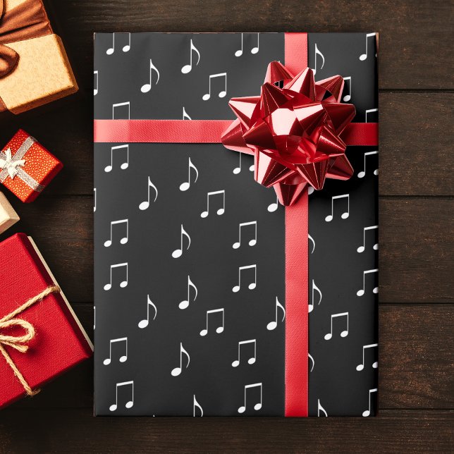 Papier Cadeau Thème musical élégant Black White Music Notes (Musical themed roll of gift wrapping paper with various white music notes on black.)