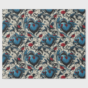 Papier Cadeau Thème numérique Blue Tattoo Hearts