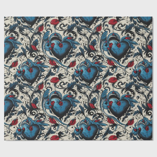 Papier Cadeau Thème numérique Blue Tattoo Hearts (Plat)