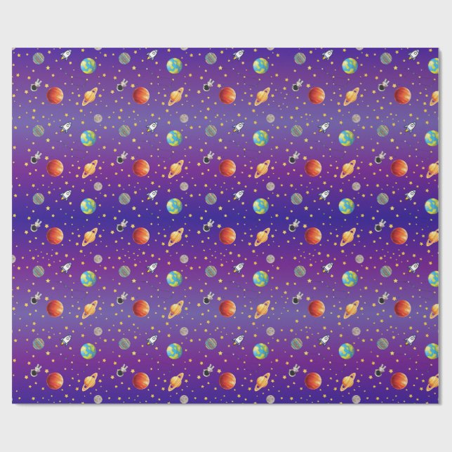 Papier Cadeau Thème spatial Astronaute, vaisseau spatial et plan (Plat)