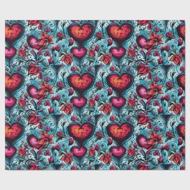 Papier Cadeau Thème Tattoo Blue Hearts (Couture)