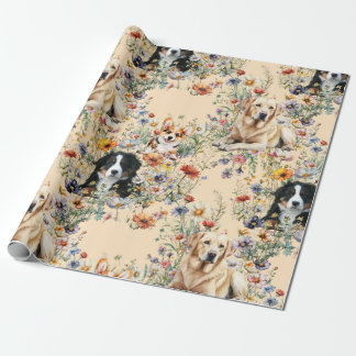 Papier Cadeau Three Dogs in Wildflowers Seamless