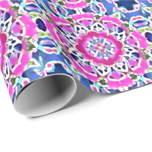 Papier Cadeau Tie Dye Mandala Motif Denim bleu et rose