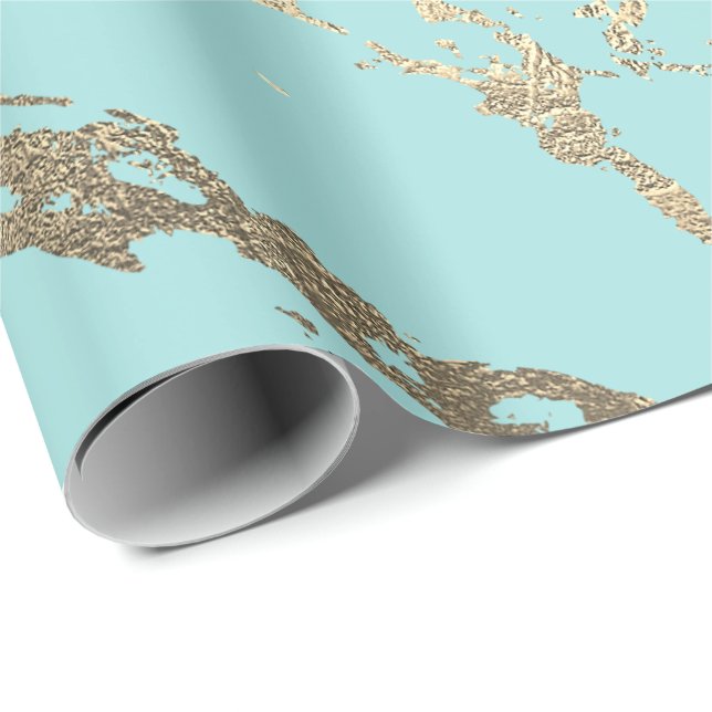 Papier Cadeau Tiffany Aqua Blue Gold Marble brillant (Coin rond)