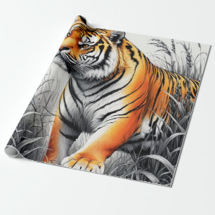 Papier Cadeau Tiger Art Color Partiel noir blanc dessin
