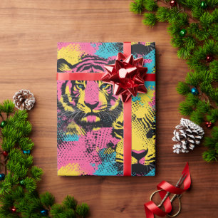 Papier Cadeau Tiger Pop Art Motif en rose, jaune et bleu