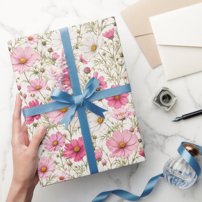Papier Cadeau Tiges de fleurs de cosmos aéré (Cadeaux)