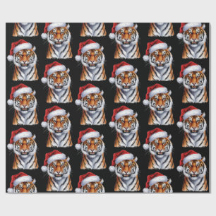 Papier Cadeau Tigre Branché avec Chapeau de Père Noël Noël Noir
