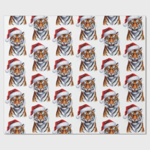 Papier Cadeau Tigre Branché avec Chapeau de Père Noël Noël Vert