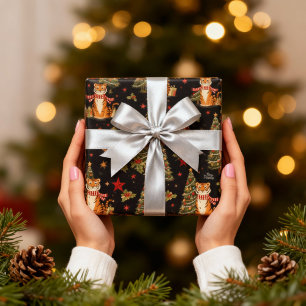 Papier Cadeau Tigre de Noël vintage avec arbre de Noël noir