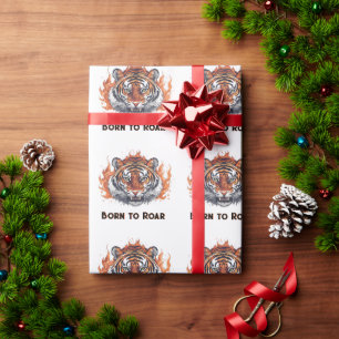 Papier Cadeau Tigre Féroce avec Flammes - Texte Personnalisable