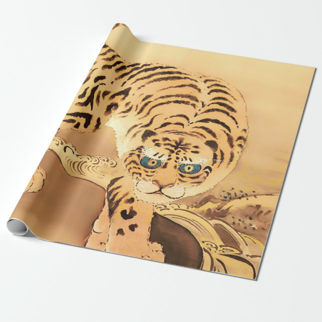 Papier Cadeau Tigre Minhwa vintage par un flux (Déroulé)