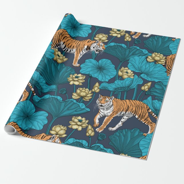 Papier Cadeau Tigres dans l'étang jaune de lotus (Déroulé)