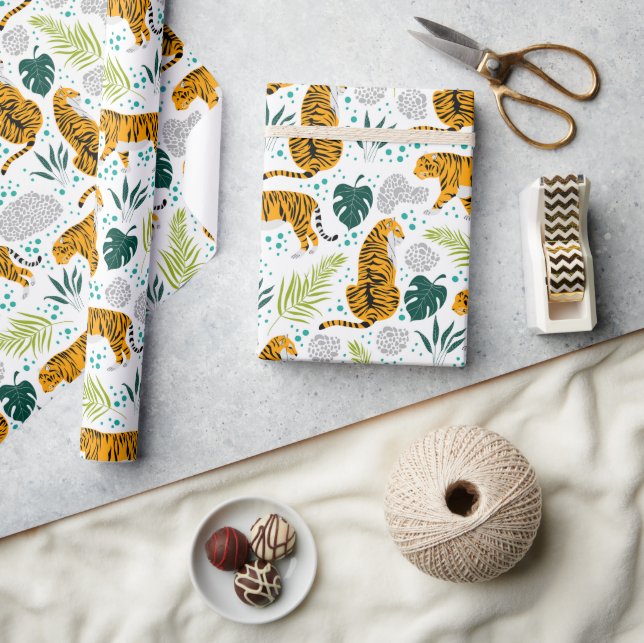Papier Cadeau Tigres et Feuilles tropicaux Motifs (Artisanat)