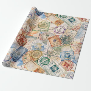 Papier Cadeau Timbre de passeport rustique motif de voyage (9)