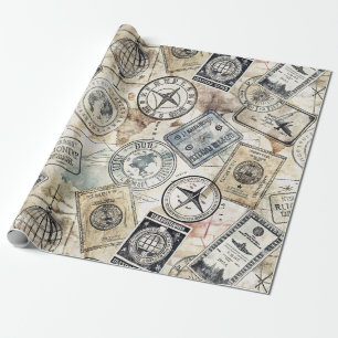 Papier Cadeau Timbre de passeport rustique motif voyage (4)