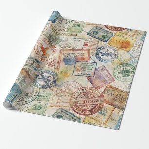 Papier Cadeau Timbre de passeport rustique motif voyage (6)