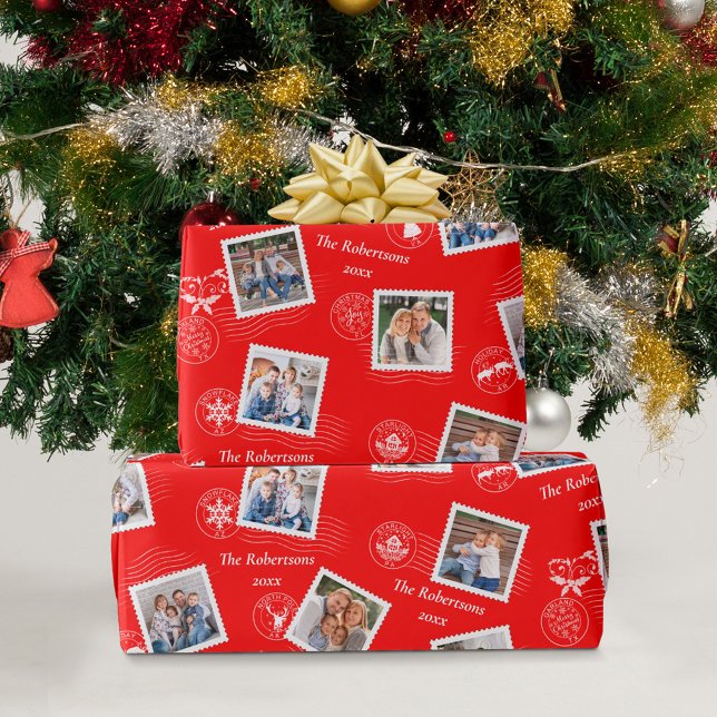 Papier Cadeau Timbres Poscènes Famille de Noël Photos Rouge (Créateur téléchargé)