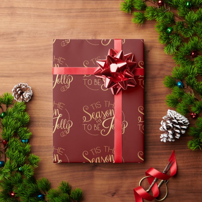 Papier Cadeau "Tis Season" Red Gold Script Holiday (Cadeau de vacances)