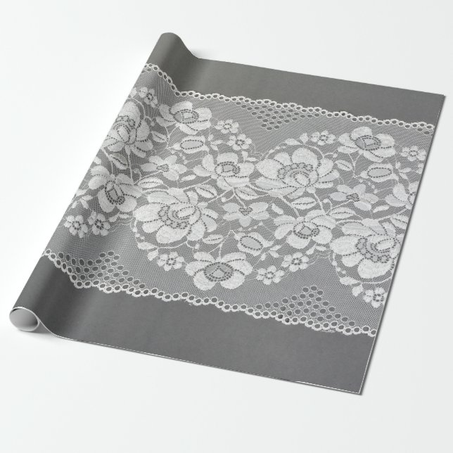 Papier Cadeau Tissu de dentelle blanc sur gris  (Déroulé)