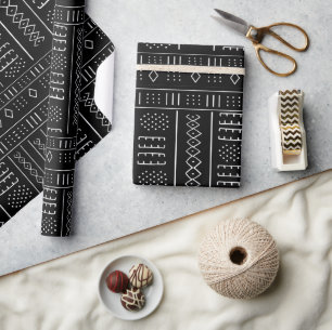 Papier Cadeau Tissu Mudcloth Africain Moderne Noir et Blanc Trib