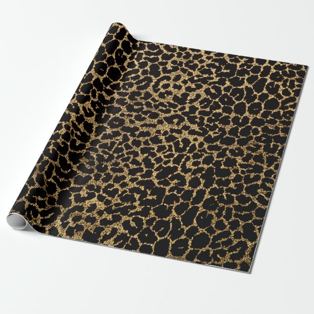 Papier Cadeau Tissu noir avec menton de fourrure léopard doré mé (Déroulé)