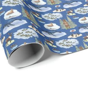 Papier Cadeau Toile Animaux d'Alaska (Sur Fond Bleu)
