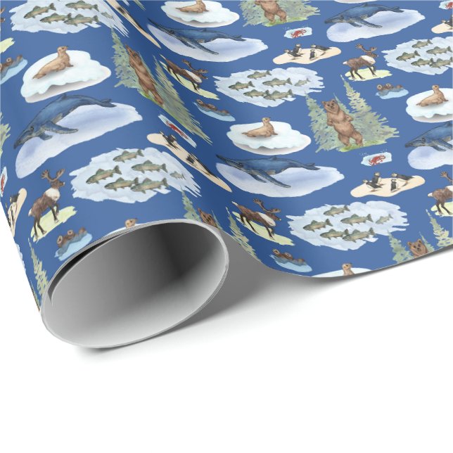 Papier Cadeau Toile Animaux d'Alaska (Sur Fond Bleu) (Coin rond)