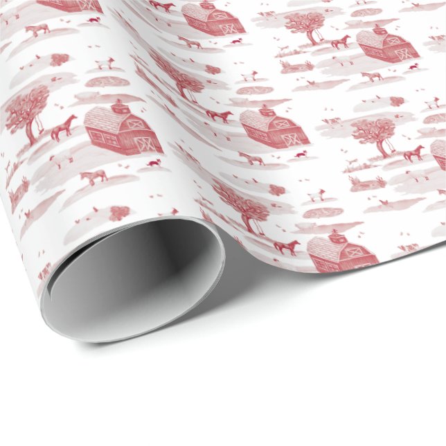 Papier Cadeau Toile Animaux de Ferme (Rouge)  (Coin rond)