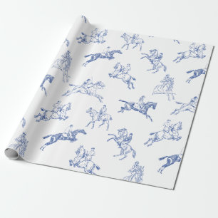 Papier Cadeau Toile blanc bleu équestre vintage