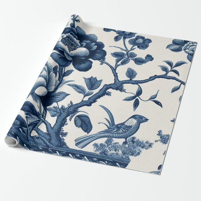 Papier Cadeau Toile bleue et crème (Déroulé)