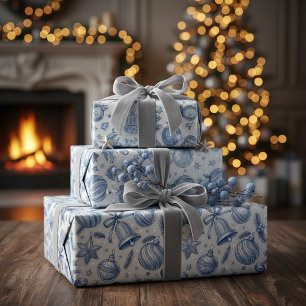 Papier Cadeau Toile Bleue Ornements de Noël sans couture